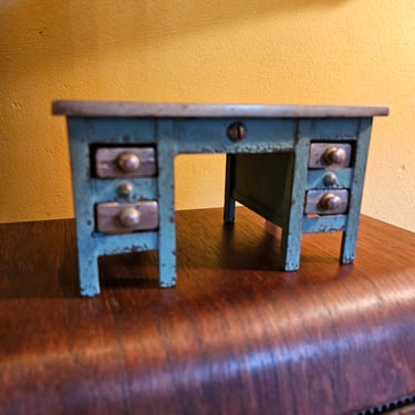 Vintage miniature salesman sample or doll house size metal tanker desk. 