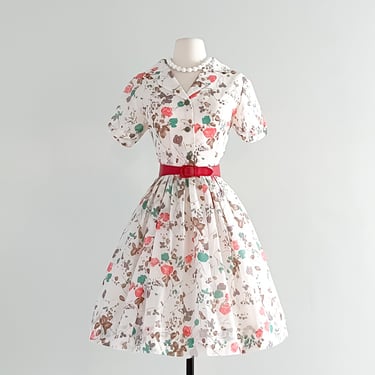 Stunning 1960's Red &amp; Teal Soft Rose Printed Shirt Dress  / Sz M