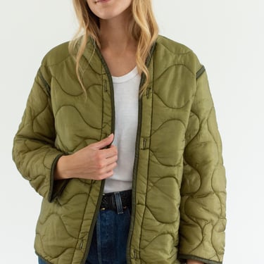 Vintage Green Liner Jacket | Unisex Wavy Quilted Nylon Coat | S | LI291 