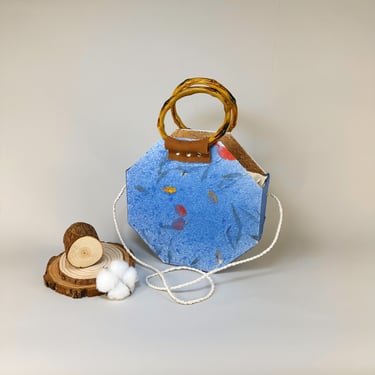 Light Blue Floral Bucket Bag with Bamboo Handle - Eco-Friendly Handmade Gift for Her in Summer 