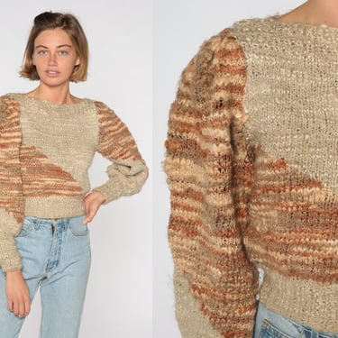 80s Puff Sleeve Sweater Brown Oatmeal Cropped Sweater Space Dye Color Block Sweater Knit Pullover Sweater 1980s Vintage Small 