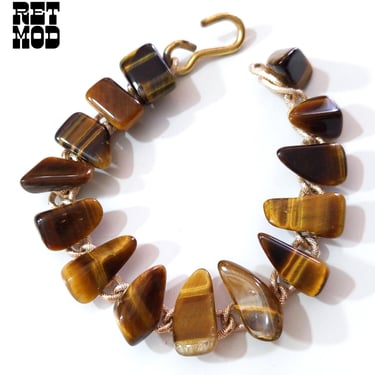 Lovely Vintage 60s 70s Natural Tumbled Tiger Eye Stone Gold Metal Link Bracelet 