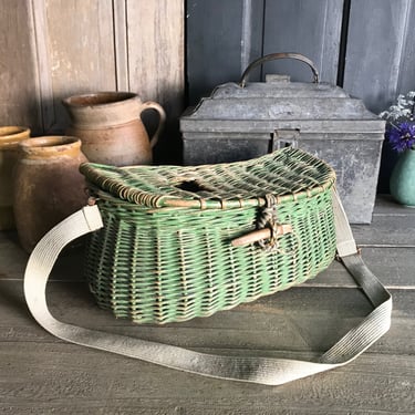 French Fly Fishing Basket, Willow Basket, Original Green Finish, Wooden Toggle Closure, Canvas Carry Strap 