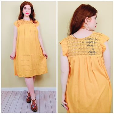 Vintage Mustard Yellow Cotton Gauze Lounge Dress / Embroidered Floral Crochet Lace Back Mexican Dress / Medium 