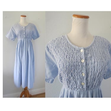 Vintage Chambray Midi Dress - 90s Light Blue Smocked Cotton Short Sleeve Dress - Size Medium / Large 