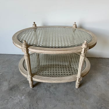 Vintage French Louis XVI Style Two -  Tier Oval Coffee Table With  Caning Top 