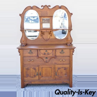 Antique Victorian Olbrich and Goldbeck Oak Wood Buffet Sideboard with Mirror