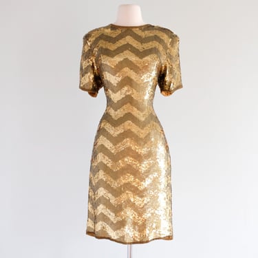 Vintage 1980's Gold Sequin Zig-Zag Party Dress by Scarlet Rage / M