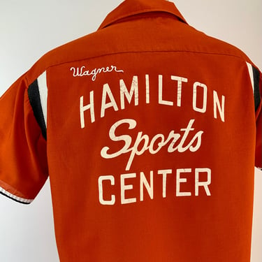 1960'S-70's Bowling Shirt - Burnt Orange Color - Poly Blend - Knit Sleeve Detail -Embroidered 