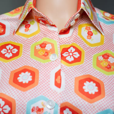 Vintage Orange and Aqua Print Cuffed Button-Up Shirt | Medium | 3 