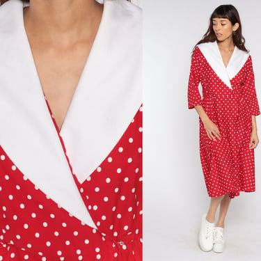 Red Polka Dot Dress 80s Wrap High Waisted Midi Secretary 1980s Rockabilly 3/4 Sleeve White Shawl Collar Dress Hipster Vintage Medium M 