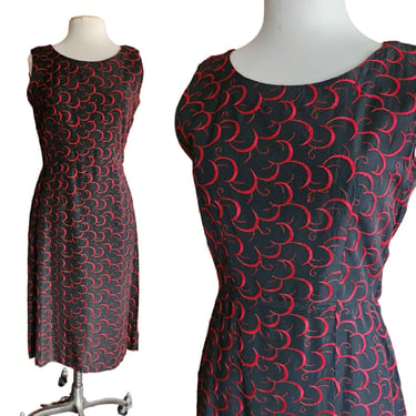 Vintage 50s Embroidered Dress Black Satin Red Crescent Pattern 