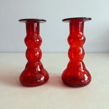 Vintage Rainbow Glass Ruby Red Crackle Glass Pair of Candlestick Holders MCM 