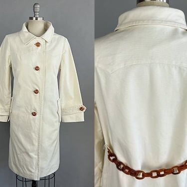 1960s Canvas Coat / White Canvas Coat with Celluloid Buttons & Chain / 1960s Mod Coat / Size Medium Size Small 