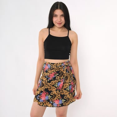 Baroque Floral Mini Skirt Vintage 90s Wrap Skirt Black Gold Pink 1990s Hippie Festival High Waisted Small xs 