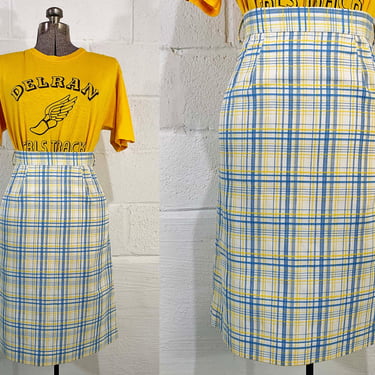 Vintage Blue Yellow Plaid Skirt A-Line Country Set Boho Academic Preppy 1970s 70s Small XS 