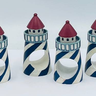 Set of four Lighthouse Napkin Ring Holders Nautical Coastal Beach Blue Red White Theme 