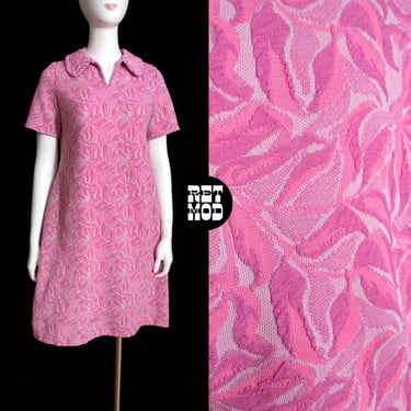 Fun Vintage 60s 70s Pink Patterned Double Knit Poly Collared Dress 