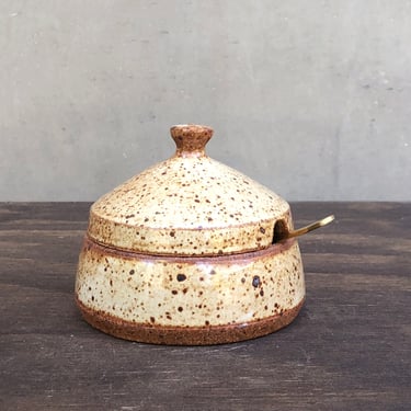 Ceramic Salt Cellar with Lid and Spoon Opening- Glossy Speckled "Mushroom" 