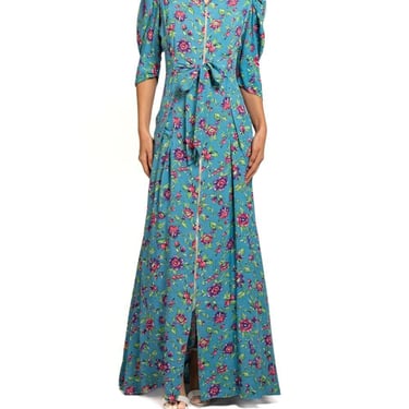 1940S Blue & Pink Floral Cold Rayon Zipper Front Dress 