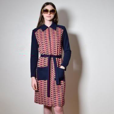 Vintage 1970s Mod Graphic OP ART Knit Fleishmans Belted Bohemian Fitted Pockets Midi Hippie Dress 