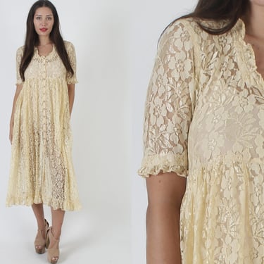 Cream Gypsy Grunge Dress / Sheer See Through Lace Material / Button Up Full Skirt / Vintage 90s Plain All Over Floral Maxi 