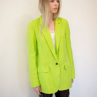 Dries Van Noten Bright Lime Green Pongee Silk + Cotton Blazer Y2K Slime Neon Bright XS S M 