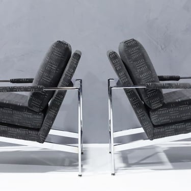 Milo Baughman Chrome Frame Lounge Chairs in Deep Charcoal Velvet