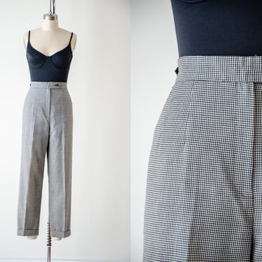 high waisted pants | 80s 90s vintage Harvé Benard black white checkered plaid houndstooth dark academia wool trousers 