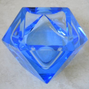 Sale~ Vintage Flavio Poli Murano Faceted Sommerso Facet Block Cut Glass Ashtray~ 1960s Alessandro Mandruzzato Blue Cigarette Bar Glass Dish 