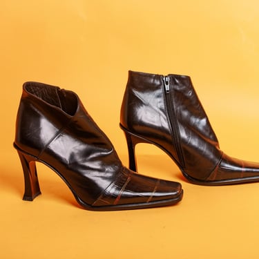 90s Black Leather Brown Textured Ankle Boots Vintage Avant Garde Italian Luxe Deadstock Boots 