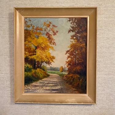 Original Midcentury modern 1940’s-‘50’s oil painting on canvas Irene Ebert fall autumn landscape 