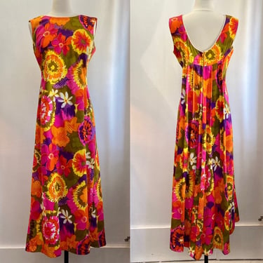 Vintage 60s 70s HAWAIIAN Dress  / Psychedelic Floral BARKCLOTH Maxi Dress / Low Scoop Back + Watteau Pleat  / Charlotta California 