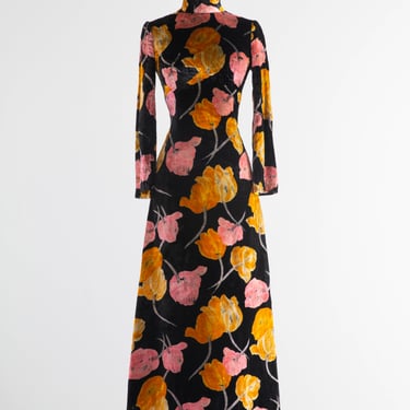 Fabulous 1960's Velvet Floral Print Evening Dress In Autumn Colors / XS