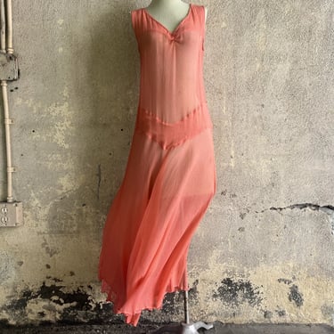 Vintage 1930s Pink Coral Silk Chiffon Mermaid Dress Sleeveless Full Length