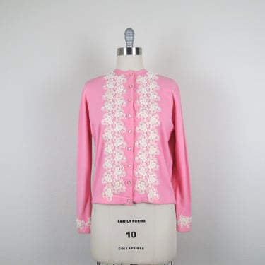 Vintage 1960s beaded cashmere cardigan sweater, applique 