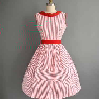 Vintage 1950s Dress | Red & White Pinstripe Cotton Full Skirt Dress | Large 