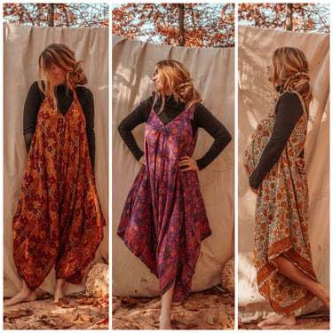 Hippie Bohemian Silk Flowy Tie Jumpsuit, Floral Jumper