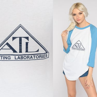 80s Baseball Tee Shirt Rowdy's 40 ATL Testing Laboratories Retro Raglan Shirt Uniform Graphic TShirt Baby Blue White Vintage 1980s Medium 