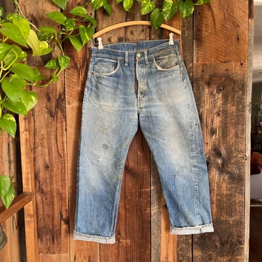 Vintage 60s Levi’s 501 Big E Selvedged Redline distressed denim jeans faded repaired size 30 waist 