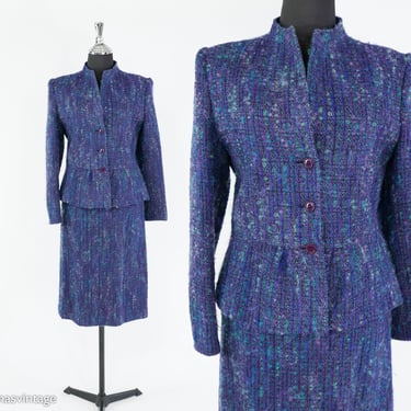 1960s Blue Purple Wool Suit | 60s Purple Wool Tweed Skirt Suit 