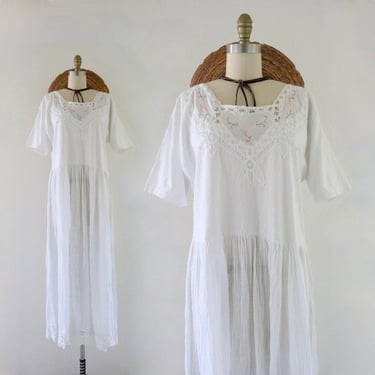 cutwork + gauze dress - l - vintage 90s y2k white embroidered size large long maxi short sleeve cute cottage cottagecore cotton cut work 