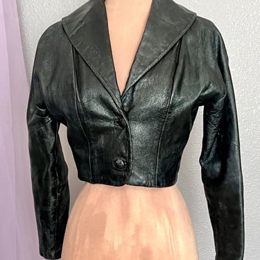 Vintage 80s Cropped Jacket, Leather Suede, Teal, Neon, Tapered 