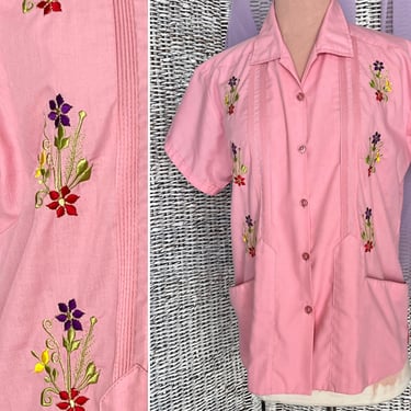 Embroidered Blouse, Tiny Tucks, Pink Mexican Wedding Shirt Guayabera Cubavera, Womens, Vintage 60s 70s 