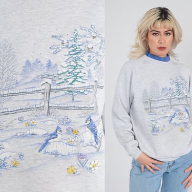 Winter Bird Sweatshirt 90s Blue Jay Grey Raglan Sweatshirt Snowy Forest Graphic Grandma Sweater Vintage 1990s Morning Sun Medium Large 
