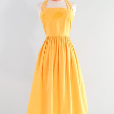 Vintage 1980's Marigold Cotton Halter Dress by Galeries Lafayette / M