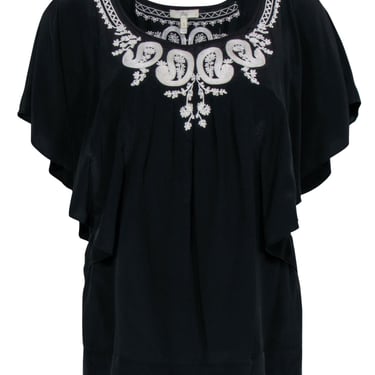 Joie - Black Silk Ruffle Sleeve Embroidered Blouse Sz S