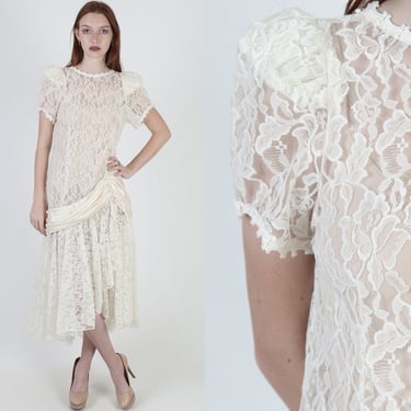 Vintage 80s Deco Wedding Dress / Sheer Ivory 20s Inspired Dress / 1980s Sheer Floral Hi Lo Skirt Midi Dress 