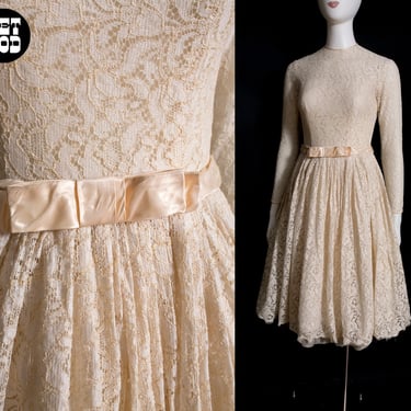 Pretty Vintage 50s 60s Off-White Lace Fit & Flare Long Sleeve Dress with Additional Under Skirt 