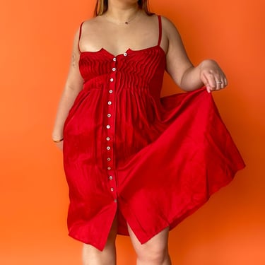 1980s DKNY Red Silk Trapeze Dress, sz. S